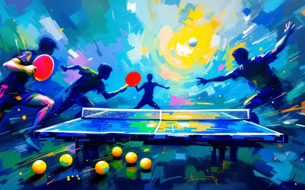A vibrant, abstract depiction of a lively table tennis match, featuring players in action against a colorful background, perfect as a 4K Ultra HD desktop wallpaper.