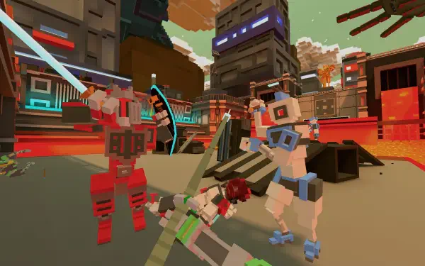 HD PC desktop wallpaper featuring intense combat scenes from the video game Clone Drone in the Hyperdome, showcasing robotic gladiators battling in a pixelated arena.