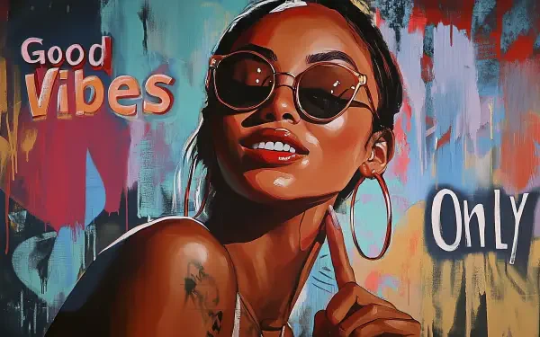 Artistic HD desktop wallpaper featuring a confident woman wearing sunglasses with the motivational phrase Good vibes only in vibrant colors.