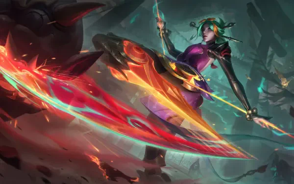 An 8K Ultra HD wallpaper featuring Camille from League of Legends, showcasing her dynamic pose and vibrant weaponry against a mystical background.