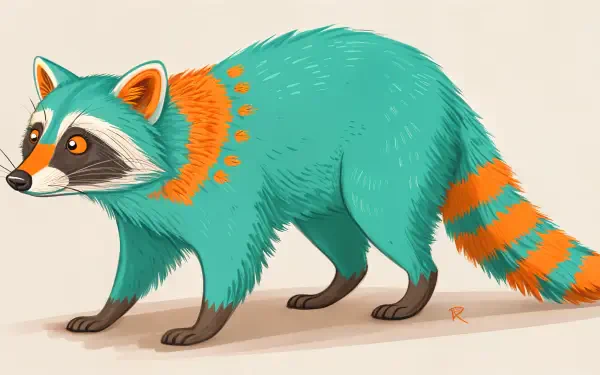 A vibrant, stylized raccoon with teal fur and orange accents walks across a light background, showcased as a 4K Ultra HD PC desktop wallpaper and background.