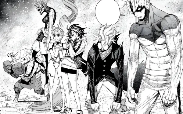 HD PC desktop wallpaper featuring grayscale manga characters from Dandadan, including Momo Ayase and Ken Takakura, portrayed in dynamic poses.