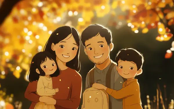 A happy family stands together amidst glowing autumn leaves, showcasing joy and warmth. This vibrant image serves as a 4K Ultra HD PC desktop wallpaper and background.