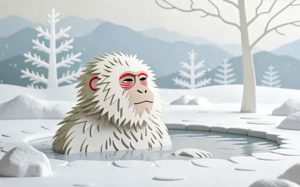 A snow monkey relaxes in a tranquil hot spring surrounded by a snowy landscape, depicted in a charming 4K Ultra HD illustration, perfect for a desktop wallpaper.