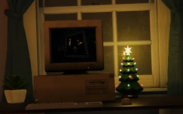 A cozy PC setup features a vintage monitor displaying the video game Among Ashes, illuminated by a small decorated Christmas tree beside it. Warm light filters through the window.