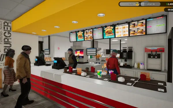 A vibrant fast food restaurant scene from Fast Food Simulator, showcasing a colorful counter, digital menu screens, and staff interacting with customers in a modern setting. 4K Ultra HD quality.