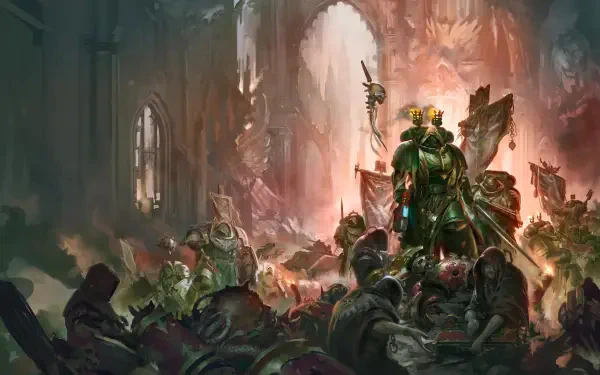 A dramatic HD wallpaper featuring Dark Angels from Warhammer 40k, showcasing a fierce battle scene with detailed backgrounds and intricate character designs.