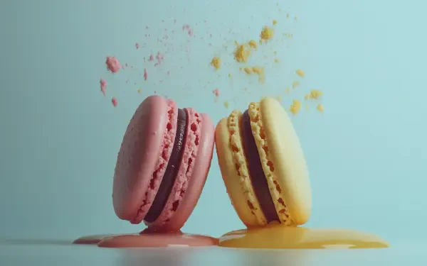 Two vibrant pink and yellow macarons are positioned side by side, with colorful crumbs scattered around, creating a visually appealing food scene for a HD PC desktop wallpaper.