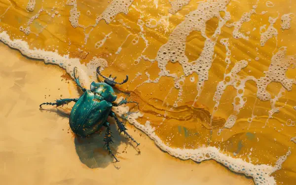 A vibrant green beetle crawls along a sandy beach, with foamy waves gently lapping at the shore. This stunning image captures the essence of bugcore in 4K Ultra HD.