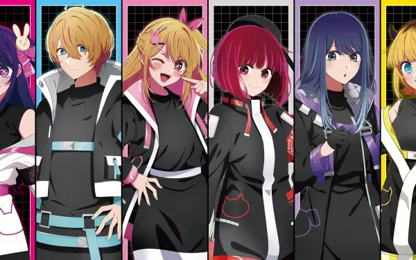 HD anime desktop wallpaper featuring the main characters from Oshi no Ko, showcasing vibrant colors and dynamic poses against a grid-patterned background.