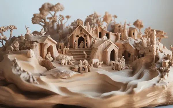A detailed wooden nativity scene intricately carved, showcasing various figures and structures amidst a scenic landscape. This 4K Ultra HD image serves as a captivating desktop wallpaper.