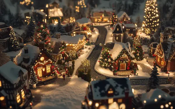 A charming Christmas village scene bathed in soft lights, featuring snow-covered rooftops, decorated trees, and a winding road, captured in stunning 4K Ultra HD quality.