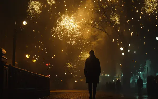 A person stands on a street, silhouetted against a dazzling display of New Year fireworks, creating a vibrant and festive atmosphere. This 4K Ultra HD image serves as a stunning desktop wallpaper.