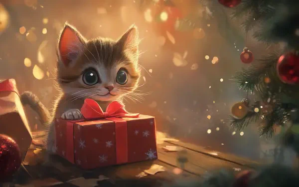 A cute cat gazes at a wrapped Christmas gift, surrounded by festive decorations and a softly glowing ambiance, creating a heartwarming holiday scene. 4K Ultra HD wallpapers capture this joyful moment.