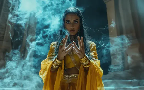 A mystical figure in a flowing yellow outfit conjures ethereal smoke, embodying the essence of a djinn in this stunning 4K Ultra HD desktop wallpaper.