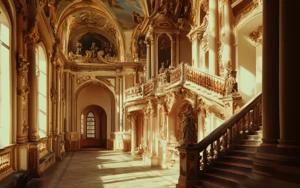 A stunning baroque interior featuring ornate architecture, elaborate sculptures, and grand staircases, captured in vibrant 4K Ultra HD, perfect for a desktop wallpaper.