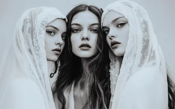 A striking 4K Ultra HD wallpaper featuring three women in elegant white veils, embodying themes of sisterhood and unity through their captivating expressions.