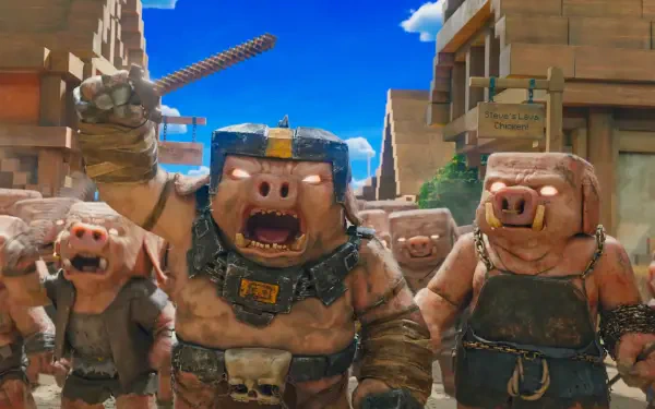 A vibrant HD wallpaper from A Minecraft Movie, featuring aggressive pig characters in a lively, blocky environment under a bright blue sky.