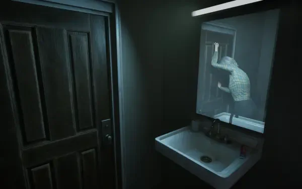 A dimly lit bathroom scene from the video game The Cabin Factory, featuring a sink and a door, with a figure visible in the mirror, all rendered in 4K Ultra HD quality.