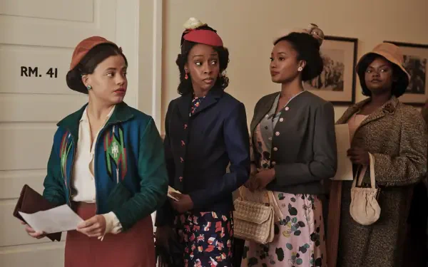 A scene from the movie The Six Triple Eight, featuring four women in stylish 1940s attire, waiting in a hallway with a door labeled RM. 41. 4K Ultra HD desktop wallpaper.