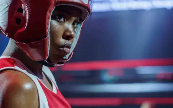 A striking image from the movie The Fire Inside, featuring Ryan Destiny in a boxing helmet, showcasing determination in a vibrant, competitive setting. 4K Ultra HD quality.