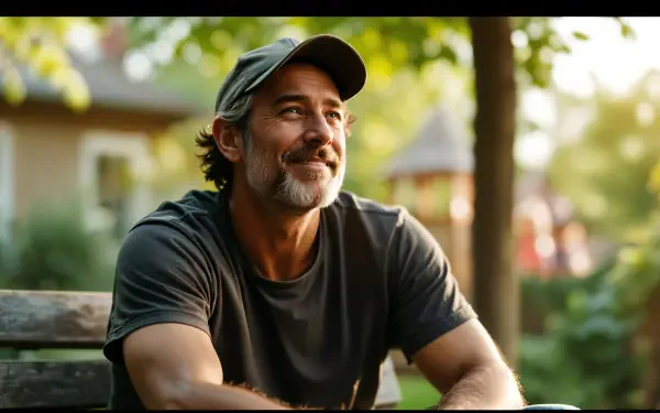 A smiling dad sits on a bench in a sunlit park, wearing a cap and a casual shirt, exuding warmth and contentment. This image serves as a vibrant 4K Ultra HD wallpaper.