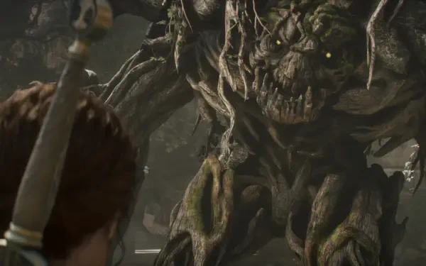 A dramatic scene from the video game Fable (2025), featuring a character facing off against a menacing, tree-like creature in a dark, immersive environment. HD desktop wallpaper.
