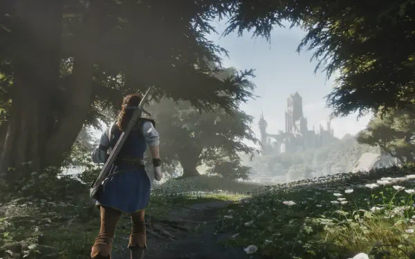 A character walks through a lush forest path, framed by tall trees, leading towards a distant castle in this HD wallpaper for the video game Fable (2025).