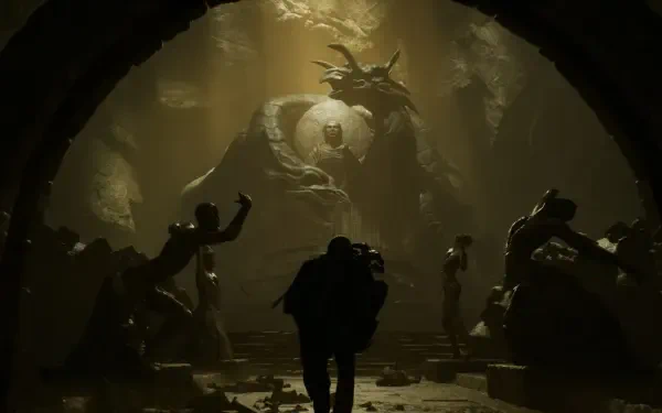 A character stands in a shadowy cavern, illuminated by eerie light, as ominous statues loom around. This HD wallpaper captures a scene from the video game Hell is Us.