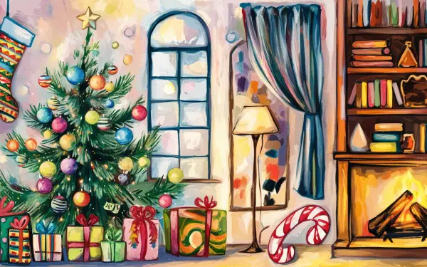 A cozy scene featuring a decorated Christmas tree, gifts, and a glowing fireplace, capturing the essence of holiday cheer. This vibrant artwork is a 4K Ultra HD desktop wallpaper.