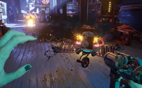 A dynamic scene from the video game Judas (2025), showcasing intense gameplay with an engaging hand gesture and futuristic elements in a vibrant, detailed environment.
