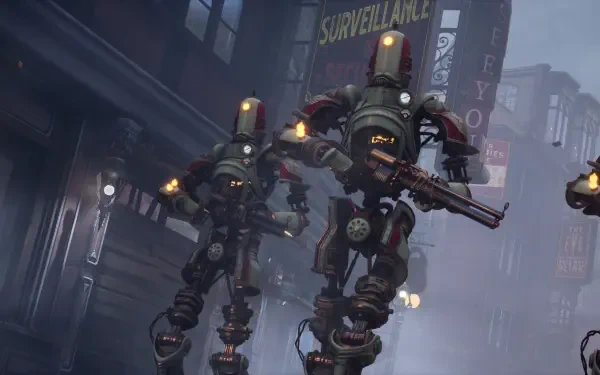 A dynamic scene from the video game Clockwork Revolution, featuring imposing robots in a misty, urban environment, captured in stunning 4K Ultra HD.
