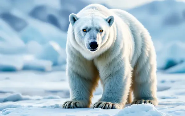 A striking polar bear stands confidently on icy terrain, captured in stunning 4K Ultra HD quality, making it a captivating desktop wallpaper and background.