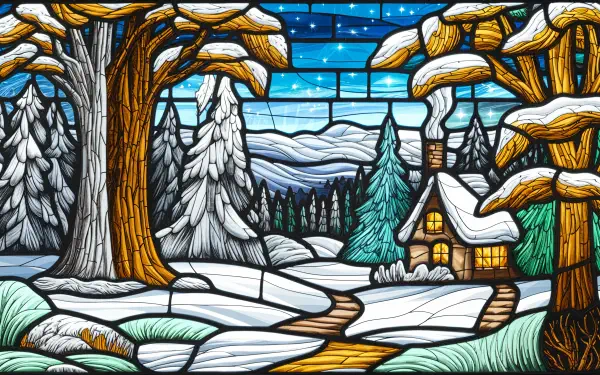 A colorful stained glass scene depicting a winter wonderland with a cozy cabin, snow-covered trees, and a serene landscape under a starry sky, presented as a 4K Ultra HD PC desktop wallpaper.