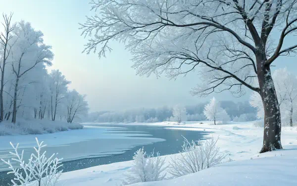 A serene winter wonderland scene featuring snow-covered trees beside a calm, frozen river, showcasing the beauty of nature in a tranquil, snowy landscape. 4K Ultra HD Wallpaper.