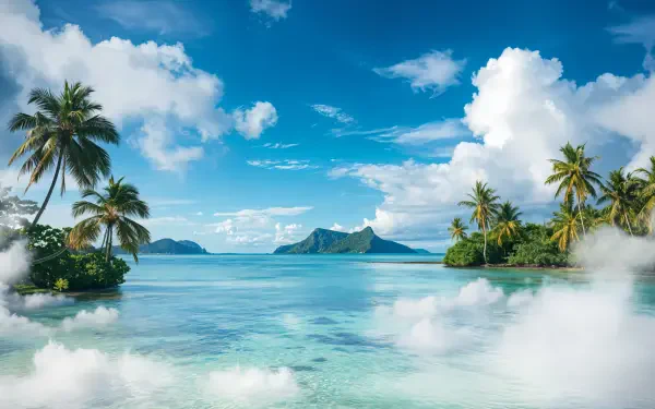 A serene tropical landscape featuring palm trees, crystal-clear water, and distant mountains under a bright blue sky, captured in stunning 4K Ultra HD for an immersive desktop background.