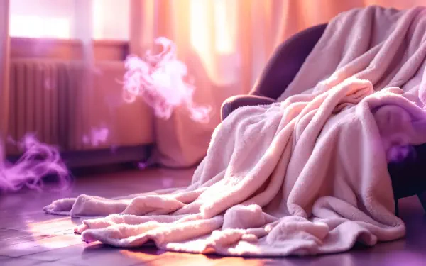 A cozy blanket drapes over a chair, warmly illuminated by soft light, creating a tranquil atmosphere, perfect for a 4K Ultra HD desktop wallpaper or background.