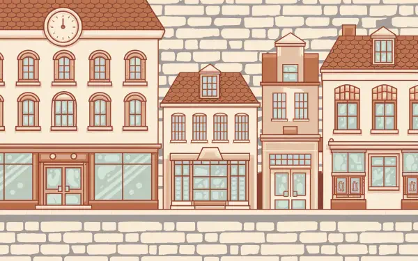 A charming illustration of downtown buildings, featuring various architectural styles and a clock, designed as a 4K Ultra HD PC desktop wallpaper and background.