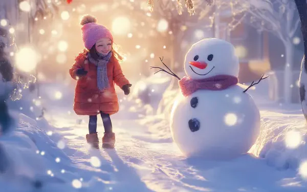 A cheerful child in a pink hat and orange coat interacts with a smiling snowman in a snowy landscape, creating a charming winter scene, captured in 4K Ultra HD for a desktop wallpaper.