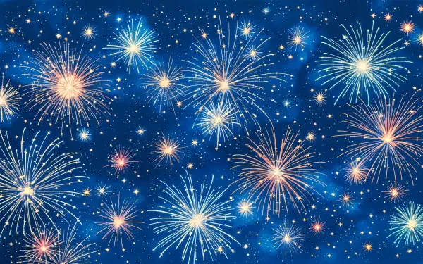 Colorful fireworks burst against a deep blue background, creating a vibrant and festive atmosphere. This stunning image serves as a 4K Ultra HD desktop wallpaper for celebrating the New Year.