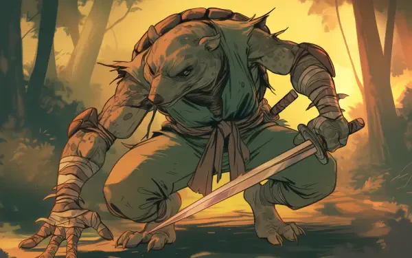 A dynamic illustration of Splinter from Teenage Mutant Ninja Turtles, poised with a dagger. Set against a moody forest background, this HD wallpaper captures a fierce moment.