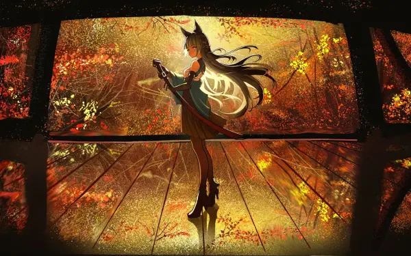 An HD PC desktop wallpaper featuring Miyabi from Zenless Zone Zero, set against a vibrant autumn backdrop that enhances her striking silhouette.