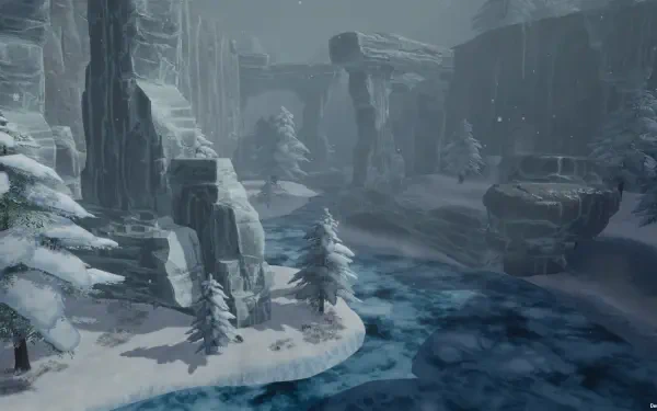 A serene winter landscape from the video game Pantheon: Rise of the Fallen, featuring snow-covered trees, rugged cliffs, and a flowing river, set against a misty backdrop.