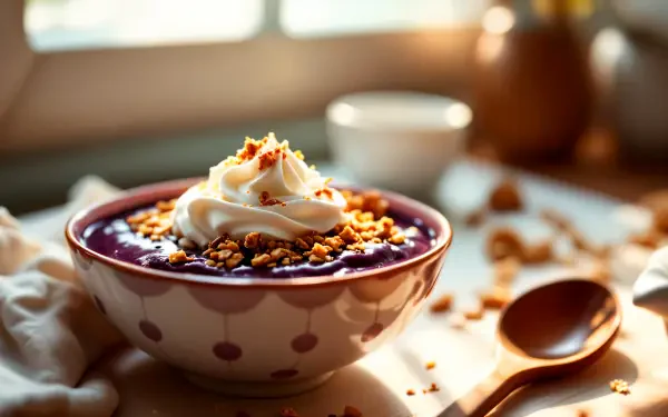 A 4K Ultra HD image of an acai bowl topped with yogurt and granola served as breakfast or dessert on a cozy table setting.