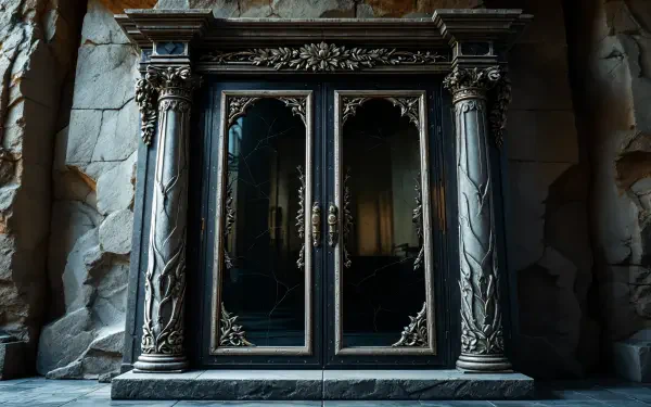 A beautifully ornate wardrobe with detailed carvings and mirrored doors, set against a textured stone backdrop, captured in stunning 4K Ultra HD resolution.