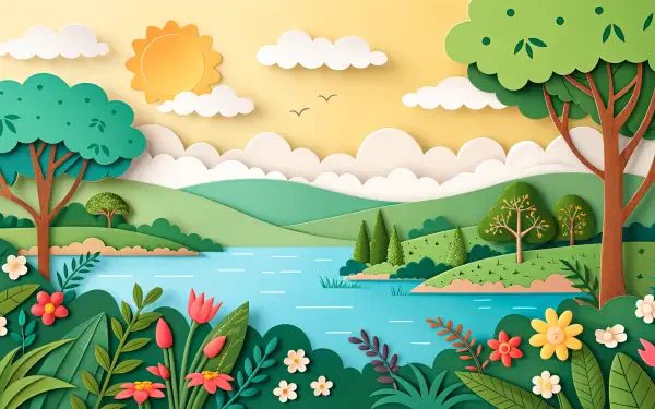 A vibrant paper art landscape depicting a paradise with lush greenery, colorful flowers, a calm lake, and a sunny sky, designed as a 4K Ultra HD PC desktop wallpaper.