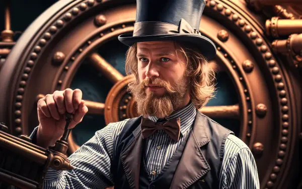 A steampunk-inspired portrait of a man with a top hat and bow tie, standing in front of a large, intricate gear mechanism, creating a visually captivating 4K Ultra HD background.