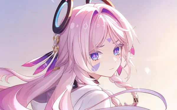 HD PC desktop wallpaper featuring Citlali, a girl character from the video game Genshin Impact, with pastel pink hair and vibrant purple eyes against a soft background.
