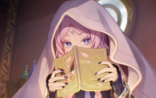 HD PC desktop wallpaper featuring Citlali from Genshin Impact, a girl with pink hair and a hooded cloak, intently reading a glowing ancient book.