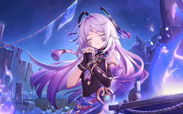 HD PC desktop wallpaper featuring Citlali from Genshin Impact, a girl with long purple hair, set against a mystical, glowing night sky backdrop.